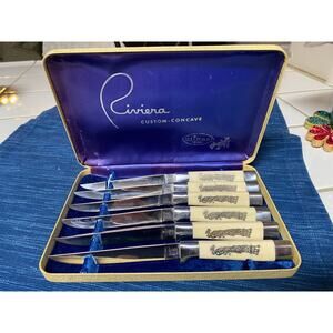 Vtg RIVIERA Solingen Germany Custom Concave Set of 6 Steak Knives Peacock Inlay